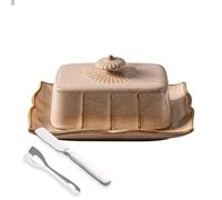 KXKJRYB Mantequera de cerámica con tapa y cuchillo, recipiente rectangular cubierto para mantequilla, recipiente de cerámica para decoración del hogar, buen regalo de cocina (marrón)