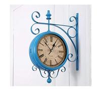 KXQYIKYI Reloj de Pared J Doble Lado Europeo Azul Vintage Vintage Interior Interior en Soporte de Hierro Forjado Desplazamiento 360 Grados Salones de Comedor de rotación en casa Reloj silencioso, un