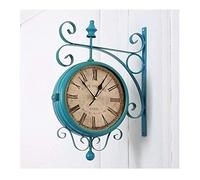 KXQYIKYI Reloj de Pared J Doble Lado Europeo Azul Vintage Vintage Interior Interior en Soporte de Hierro Forjado Desplazamiento 360 Grados Salones de Comedor de rotación en casa Reloj silencioso, un