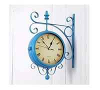 KXQYIKYI Reloj de Pared J Doble Lado Europeo Azul Vintage Vintage Interior Interior en Soporte de Hierro Forjado Desplazamiento 360 Grados Salones de Comedor de rotación en casa Reloj silencioso, un