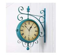 KXQYIKYI Reloj de Pared J Doble Lado Europeo Azul Vintage Vintage Interior Interior en Soporte de Hierro Forjado Desplazamiento 360 Grados Salones de Comedor de rotación en casa Reloj silencioso, un