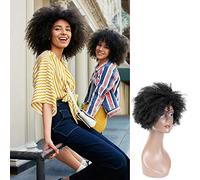 KXW Peluca Afro Rizado Rizado Corto Bob Pelucas de Cabello Humano para Mujeres Negras, 8 Pulgadas 180% Densidad Elegante Mullido Hinchable Suave Premium Color Negro Natural para Fiesta o Diario