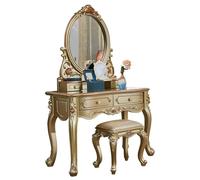 KXWOQ3ED Juego de escritorio vintage de lujo, tocador de maquillaje europeo con espejo ovalado, 4 cajones y taburete acolchado, muebles de dormitorio para mujer (106 x 51 x 160 cm)