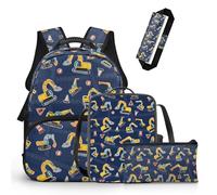 Kxyudcn Juego de 4 mochilas para niños de 4, 5, 6, 7, 8, 9, 10, 11, 12, 1er grado, 2º grado, 3er grado, viajes, camping, senderismo, Excavadora de dibujos animados