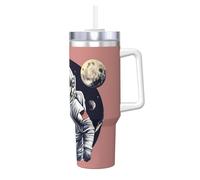 Kycvds Astronaut On The Moon 1 - Vaso de acero inoxidable con asa de doble pared aislada al vacío, popote reutilizable de 40 onzas