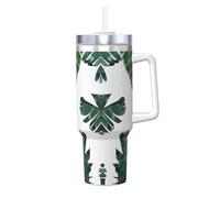 Kycvds Vaso de acero inoxidable con estampado de hojas de palma, 1,2 l, con asa de doble pared, aislada al vacío, taza de viaje, pajita reutilizable