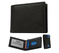 KYEIF Cartera de cuero para hombre, carteras delgadas para hombre con bloqueo RFID, plegable con tarjetero, compatible con AirTag, ABYSS NEGRO, Diseño minimalista con funcionalidad moderna, innovadora