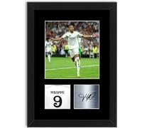 Kylian Mbappe 2024-2025 - Soporte de fotografía de jugador de fútbol A4 firmado con marco para regalo para aficionados y aficionados del Real Madrid