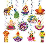 KYMY Happy Diwali Decoraciones colgantes, 24 piezas Deepavali Rangoli Diyas Tarjetas de espirales colgantes para fiesta, Festival de Luces de la India, remolinos colgantes para pared, puerta, ventana,