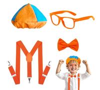 Kyndara Juego de 6 piezas de disfraz de juego de rol para niños, accesorios de disfraz de Bli_ppi naranja y azul, herramientas con boina, sombrero, gafas, pajarita, tirantes, tatuaje adhesivo para