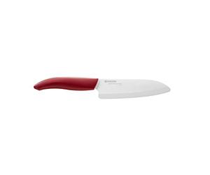 Kyocera FK-140 WH-RD EU, Cuchillo Santoku, 14 cm, cuchilla de cerámica de circonio afilada, afilada a mano, ligera, no corrosiva, sin transferencia de sabor, apta para lavavajillas, mango rojo