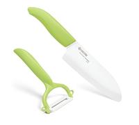Kyocera Corte y pelado, Juego Santoku, pelador CP-10, Cuchilla de cerámica de circonita, Afilada a Mano, Ligera, no corrosiva, Apta para lavavajillas, Verde, 14 cm, 4 cm