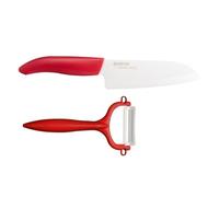 Kyocera Juego de Corte y pelado, Juego de Cuchillos, Cuchillo Santoku de 14 cm, pelador CP-10, Hoja de cerámica de circonio Afilada, Afilada a Mano, Ligera, no corrosiva, Apta para lavavajillas, roja