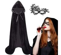KYOEOE Disfraces de Halloween de Las señoras Negro Capa con máscara Conjunto, 140/150/170cm Capa de Terciopelo con Capucha Capa de Vampiro Darth Vader Capa Medieval para Halloween Disfraces Mascarada