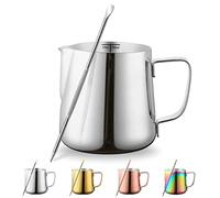 Kyraton Jarra De Espuma De Leche De 12 oz - 350 ml, Jarras De Vapor De Acero Inoxidable Con Bolígrafo Decorativo, Tazas De Espuma De Café Con Leche, Capuchino, Jarras De Vapor, Jarra De Leche (Plata)