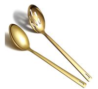 Kyraton - Juego de 2 cucharas de cocina doradas, de acero inoxidable, con ranura sólida, chapado en oro de titanio, utensilios de cocina para mezclar, servir, remover