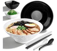 Kyraton Juegos de cuencos para Ramen 1200ml con Palillos, Recipientes para Salsa y Cucharas, 2 Cuencos de Plástico Resistente Estilo Japonés para Sopa Pho, Miso, Udon (Negro, Blanco)