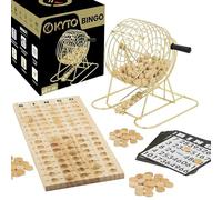 Kyto Gran Juego de Bingo Dorado de Metal con 150 fichas, 75 Bolas de Bingo y Tablero de Juego de Madera, 18 Tarjetas de Bingo estables + 500 Tarjetas de Bingo de Papel para Adultos y niños