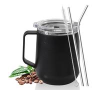 Kytpyi Tazas de Cafe, Termo Cafe, 450ml Doble Capa Anti-quemaduras Coffee Cup con Tapa 2 Pajita 1 Pincel, Personalidad Moda Taza Acero Inoxidable para Casa Escuela Oficina (Negro)
