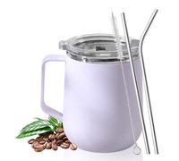 Kytpyi Tazas de Cafe, Termo Cafe, 450ml Doble Capa Anti-quemaduras Coffee Cup con Tapa 2 Pajita 1 Pincel, Personalidad Moda Taza Acero Inoxidable para Casa Escuela Oficina (Morado)