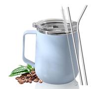 Kytpyi Tazas de Cafe, Termo Cafe, 450ml Doble Capa Anti-quemaduras Coffee Cup con Tapa 2 Pajita 1 Pincel, Personalidad Moda Taza Acero Inoxidable para Casa Escuela Oficina (Azul)