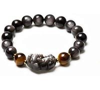 KYUEPONG Pulsera Feng Shui, Amuleto Feng Shui Pixiu Warp Off Evil Pulsera Plata Brillante Obsidiana Stretch Piedra Natural Raíz Chakra Cristal Curativo Atraer Dinero Amor Buena Suerte, 0.394 in
