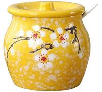 KYUEPONG Recipiente para azúcar, Tarro de cerámica for almacenamiento de sal y pimienta, azucarero con flores, con tapa y cuchara(Yellow)