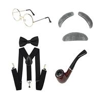 KYXKHSAA Disfraz de anciano para Halloween, con pajarita gris, con gafas, cejas, bigote, juego de casqueta, 100 días de escuela, abuelo, anciano, peluca para niños, Grandpa Five Piece S, Talla única