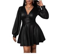 KYXSPINWARDPV Minivestido de noche con cuello en V y manga larga para mujer, de piel sintética mate, plisado, corto, personalizable, Negro, M