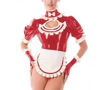 KYXSPINWARDPV Sissy - Uniformes de sirvienta francesa, trajes de cosplay, cuello con volantes, manga corta, traje de PVC con delantal, color rojo, talla XXL