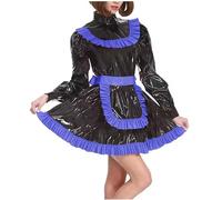 KYXSPINWARDPV Uniformes de sirvienta de manga larga abombada de PVC con cerradura, cuello alto, plisado, acampanado, trajes de vestir con aspecto húmedo, disfraz de cosplay personalizable, azul rey