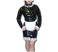 KYXSPINWARDPV Vestido de sirvienta de PVC brillante con adornos blancos, ajustado con delantal, personalización de disfraz de mariquita, negro, talla 4XL