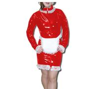 KYXSPINWARDPV Vestido de sirvienta de PVC brillante con adornos blancos, ajustado con delantal, personalización de disfraz de mariquita, rojo, talla 4XL