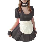 KYXSPINWARDPV Vestido de sirvienta de PVC con aspecto húmedo, manga corta, cuello en U, uniformes, cuello, guantes, trajes de cosplay, personalización de fiesta, negro, talla 6XL