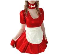 KYXSPINWARDPV Vestido de sirvienta de PVC de manga corta con cuello en U, uniformes de sirvienta, guantes y trajes de cosplay, personalización de fiesta, rojo, S