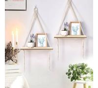 KYYGKY 2 Estantes Colgantes de Pared de Madera y Cuerda de Algodón, Estante Colgante de Pared de Macramé Bohemia con Ganchos, para Baño, Salón, Dormitorio