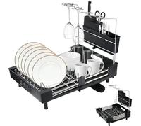 KYYGKY Escurridor de Platos, Escurreplatos Acero Inoxidable Extensible, Escurridor de Platos para Fregadero con Organizador de Utensilios y Portavasos, Escurridor de Platos con Drenaje para Cocina