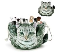 KYYGKY Neceser de Maquillaje en Forma de Gato, Bolsa para Maquillaje con Cordón, Portátil Bolsa de Aseo Mujer con Diseño de Lindo Gatito, Divertido Neceser de Viaje para Mujeres Y Niñas (Gris)