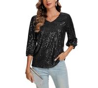 Kyzoeyou Camiseta de manga 3/4 para mujer, con lentejuelas, con purpurina, cuello en V, suelta, ocio, fiesta, festival, club, B-negro., XXL