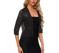 Kyzoeyou Cárdigan tipo bolero de encaje con frente abierto para mujer, manga 3/4, informal, elegante, para cubrir el vestido, B-negro, M