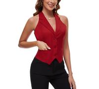 Kyzoeyou Chaleco corto para mujer, con 3 botones, cuello halter, solapa con muesca, chaleco formal de esmoquin, bolsillos soldados, chaleco de oficina, R-Rojo, S