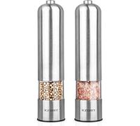 KZGRIT Molinillo de Sal y Pimienta Eléctrico, Batería Funcionado, Cuchilla de Molienda de Cerámica, Molino Acero Inoxidable Automático con Luz LED y Tosquedad Ajustable(Juego de 2, Plata)