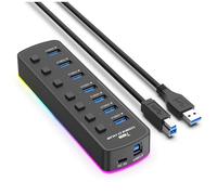 Kznifmk Concentrador USB 3.0 RGB 7 Puertos, Adaptador Puerto USB de 5 Gbps, Interruptor Encendido/Apagado Individual, Divisor, Concentrador USB para Juegos para Computadora Portátil y PC