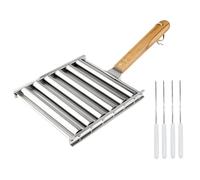 Kznifmk Rejilla para Rollos de Salchicha de Acero Inoxidable con Rodillo para Perritos Calientes, Rodillo para Perritos Calientes con Manejar de Madera y 4 Palitos para Perritos Calientes