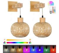 KZT 2 Pcs Lámpara de Pared Retro Ajustable 16 RGB Lámpara de Cabecera Vintage Pantalla de Ratán Bambú,Lámpara de Lectura de Pared,Lámpara de Pared de Cuerda Rústica,para Dormitorio Salón Pasillo (A)