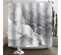 Kzzfqxb 105x160cm Cortinas de Ducha con Ganchos de plástico, Mármol Gris ocluido Impermeable Líneas Curvas Doradas Patrón de Arte de Humo Que Fluye para baño, Tela de poliéster para bañera