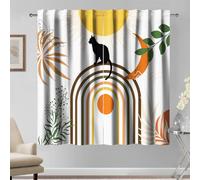 Kzzfqxb 117×138cm Cortinas Modernas, Ocre Amarillo Khaki Lunas Hojas Gato Negro Beige Arco Bohemio Retro Art Drape Cortinas 2 Paneles, Decoración para Dormitorio Sala de Estar