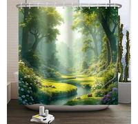 Kzzfqxb 152x183cm Cortinas de Ducha con Ganchos, Bosque Verde Maravilla árboles Altos río Claro Entre céspedes de Flores Impermeable ocluidas para bañera, Pintura al óleo Tela de poliéster para baño