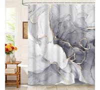 Kzzfqxb 152x183cm Cortinas de Ducha con Ganchos de plástico, Mármol Gris ocluido Impermeable Líneas Curvas Doradas Patrón de Arte de Humo Que Fluye para baño, Tela de poliéster para bañera