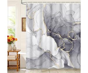 Kzzfqxb 152x183cm Cortinas de Ducha con Ganchos de plástico, Mármol Gris ocluido Impermeable Líneas Curvas Doradas Patrón de Arte de Humo Que Fluye para baño, Tela de poliéster para bañera